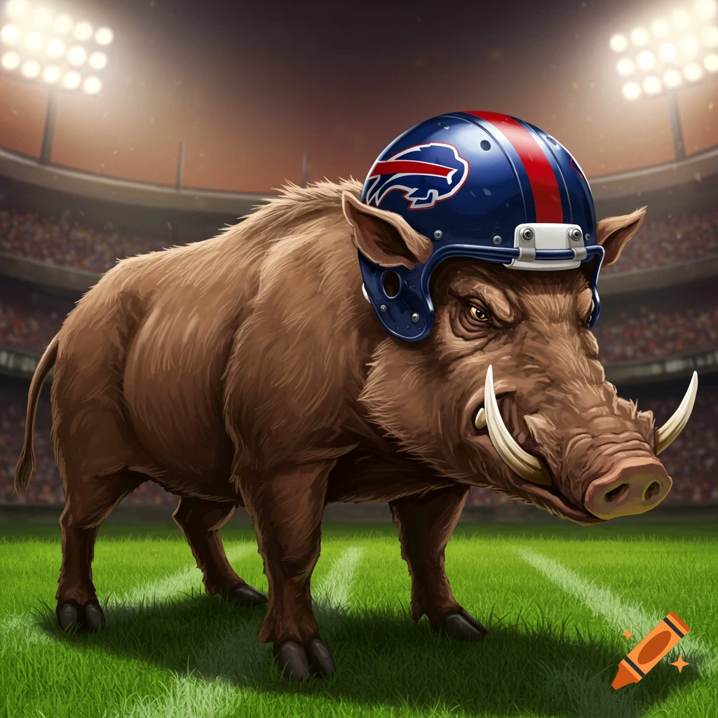 A brown wild hog with tusks wears a blue and red Buffalo Bills football helmet on a green football field inside a stadium.