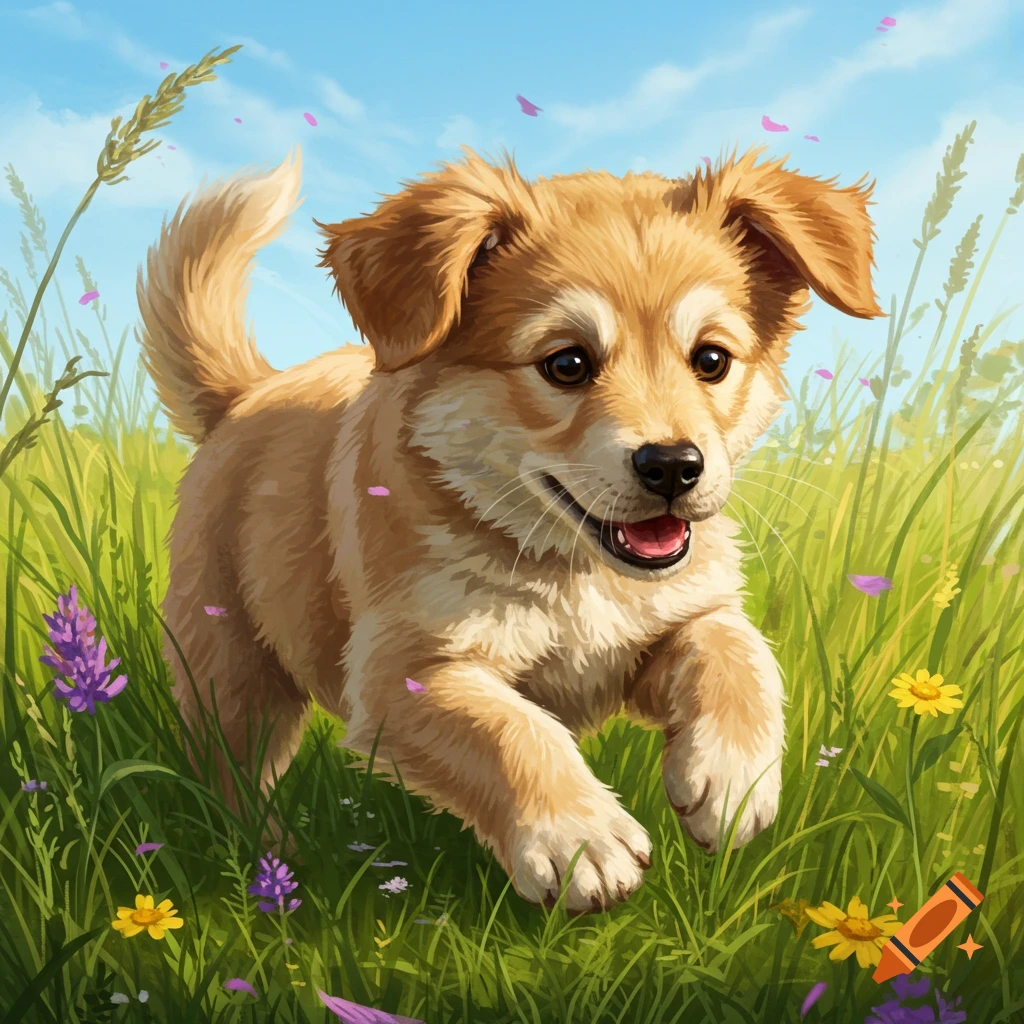 A golden brown puppy happily runs through a field of green grass with small flowers and petals under a blue sky.