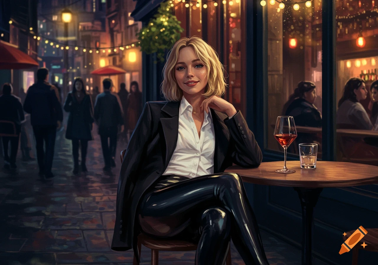 Smiling blonde woman in a black jacket and shiny leggings sits at a cafe table with wine on a bustling evening street.