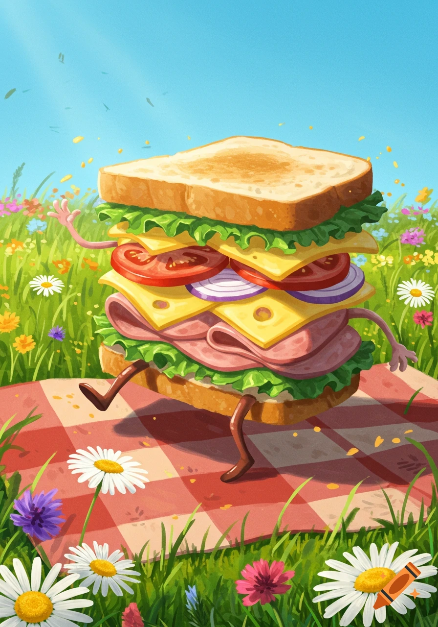 A whimsical cartoon sandwich with arms and legs walks on a picnic blanket in a field of colorful flowers under a blue sky.