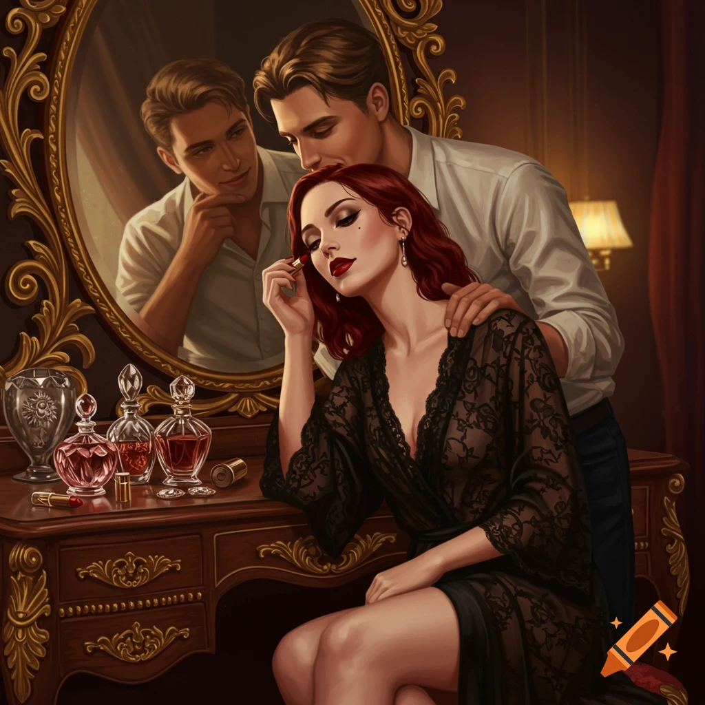 An elegant woman in a black lace robe applies lipstick at a dressing table, as a man lovingly stands behind her, both reflected in the mirror, in an illustrative style.