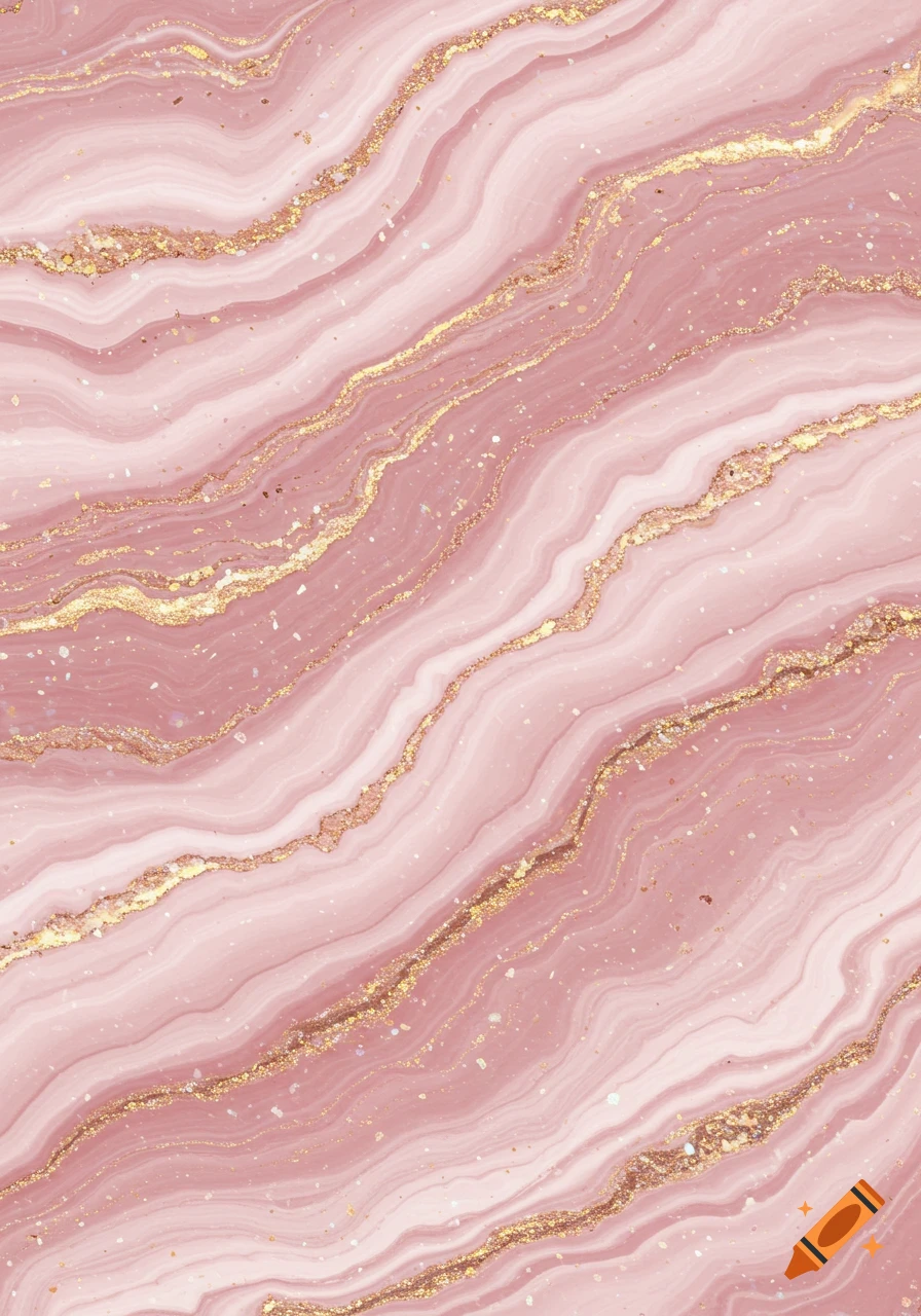 Pink marble texture with swirling patterns and gold glitter accents.