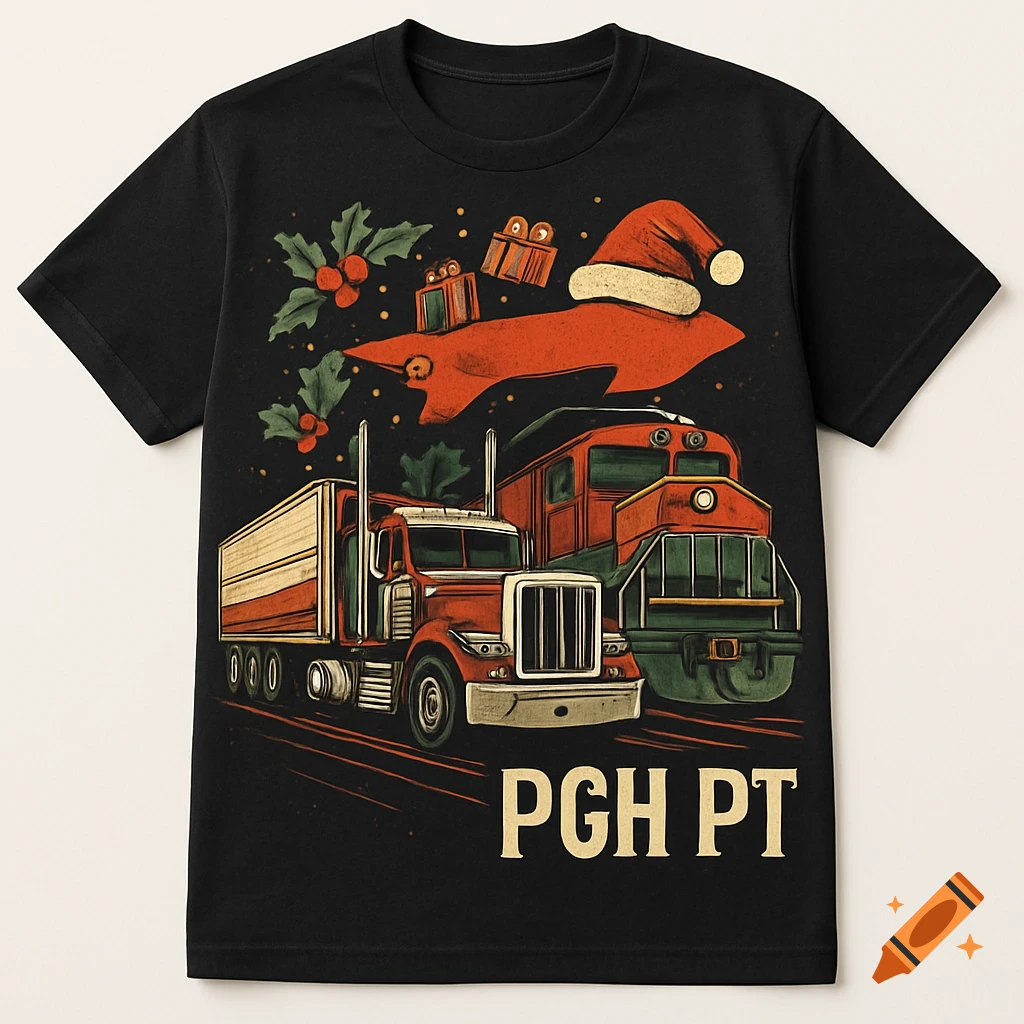 Black t-shirt with retro Christmas art of a semi-truck, train, Santa hat arrow, holly, gifts, and PGH PT text.