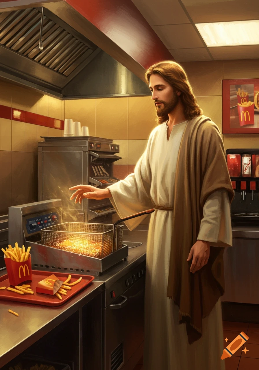 Digital painting of Jesus frying french fries in a fast food restaurant kitchen.