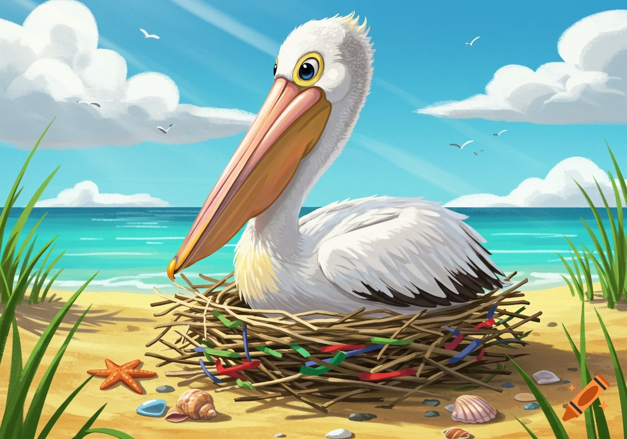A cartoon pelican with white and yellow feathers sits in a nest made of sticks and colorful plastic on a sandy beach. The ocean and a blue sky with clouds are in the background.