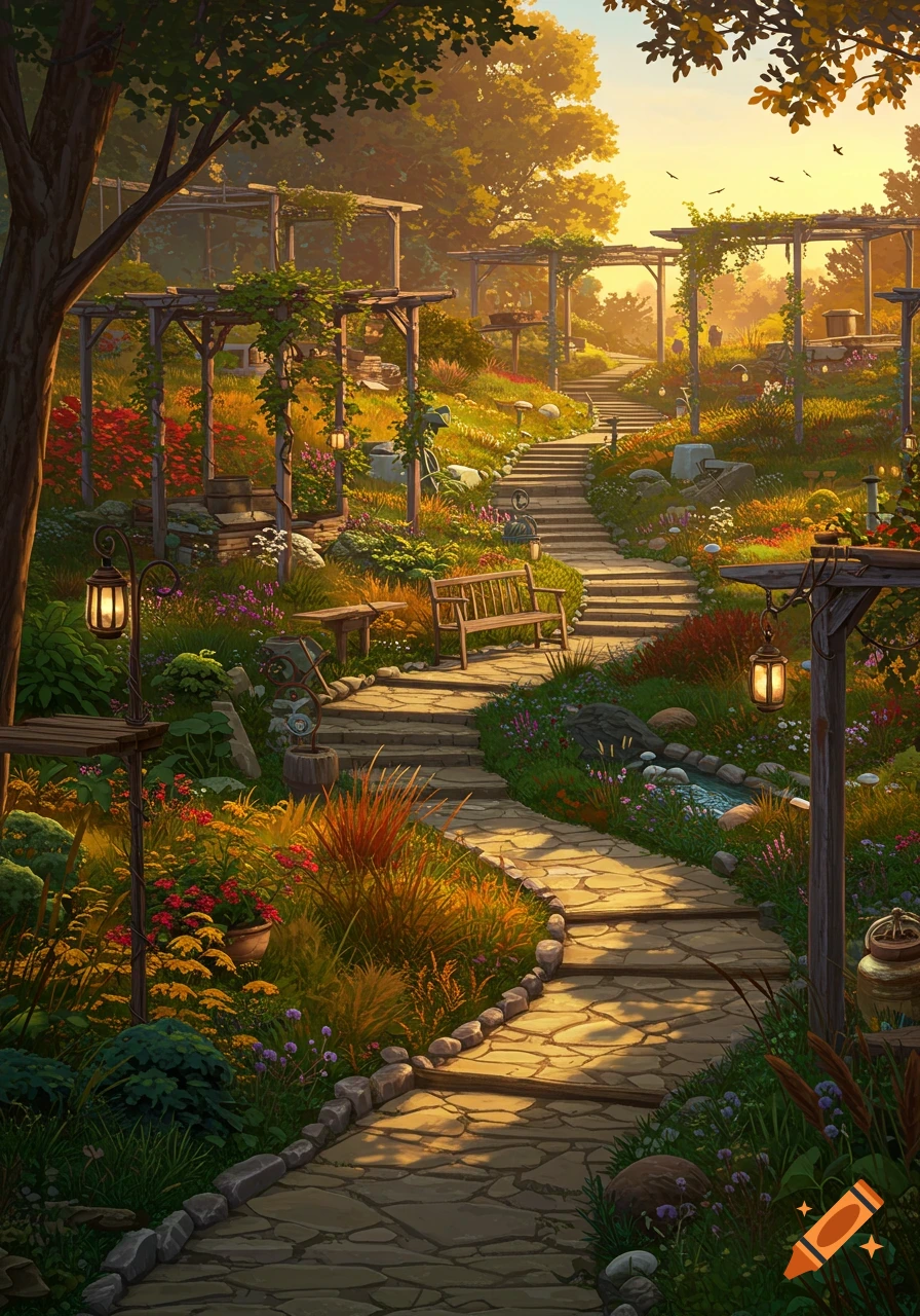 A sunlit stone path winding through a lush garden with colorful flowers, trees, pergolas, and lanterns.