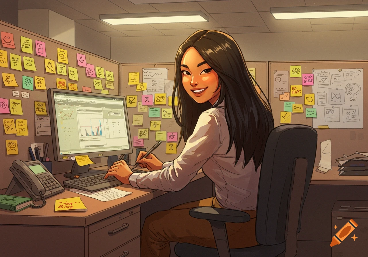 Cartoon style illustration of a smiling Filipino woman with long dark hair working at an office cubicle, surrounded by sticky notes.