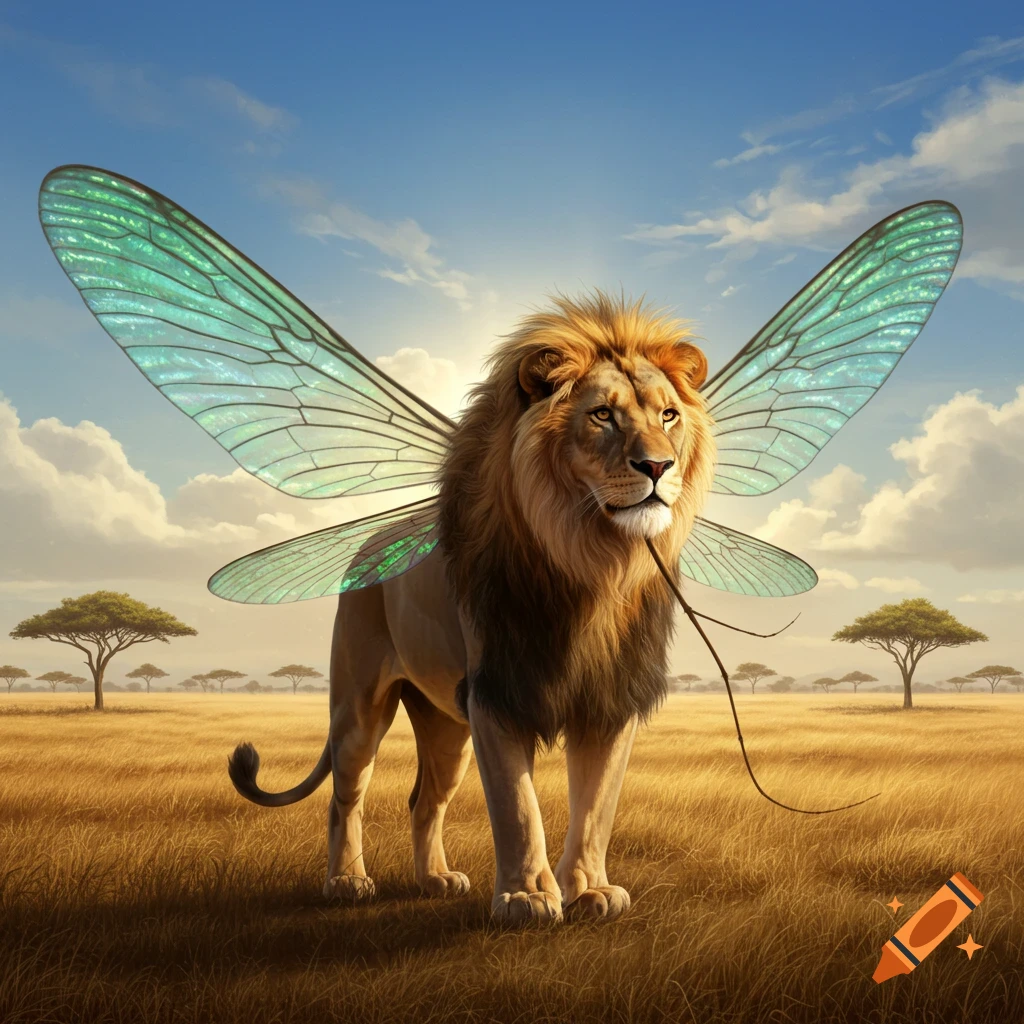 A majestic lion with large, translucent insect wings stands in a golden savannah under a bright sky.