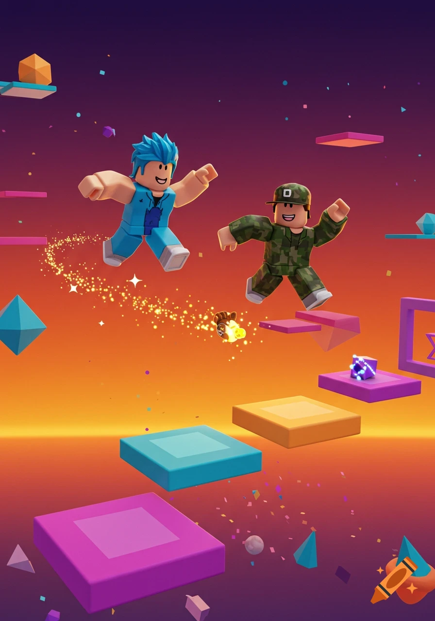 Two Roblox-style characters jumping across colorful floating platforms in a vibrant, gradient sky, in a 3D render.