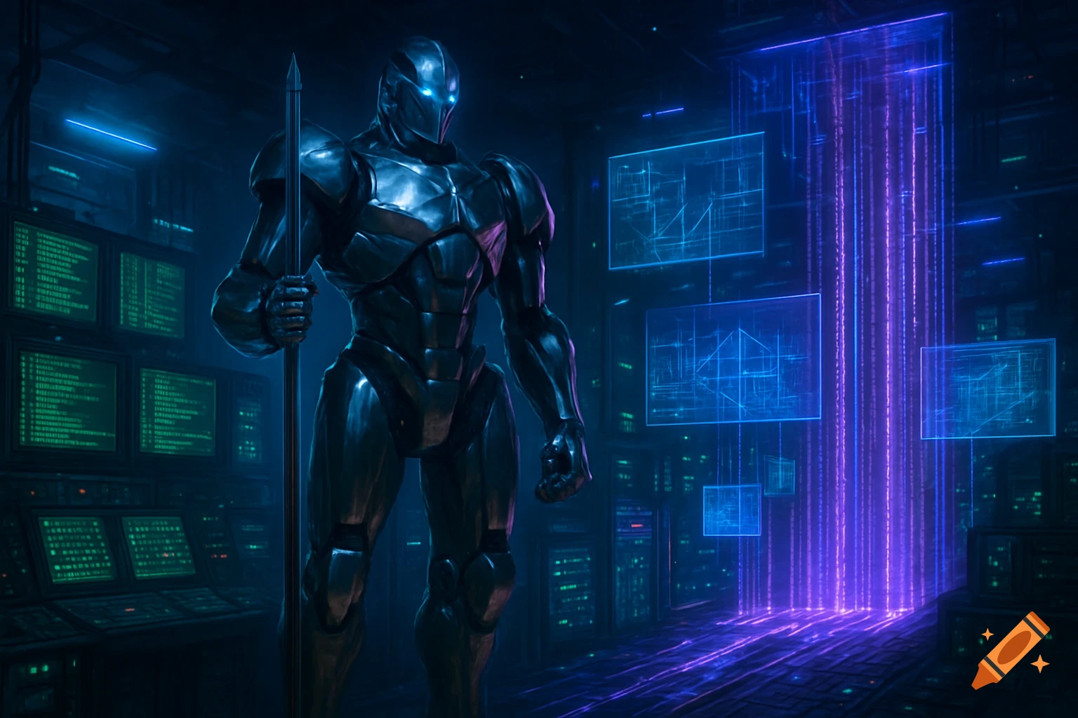 A futuristic armored robot stands in a dark, glowing data center with monitors displaying illegible green text.