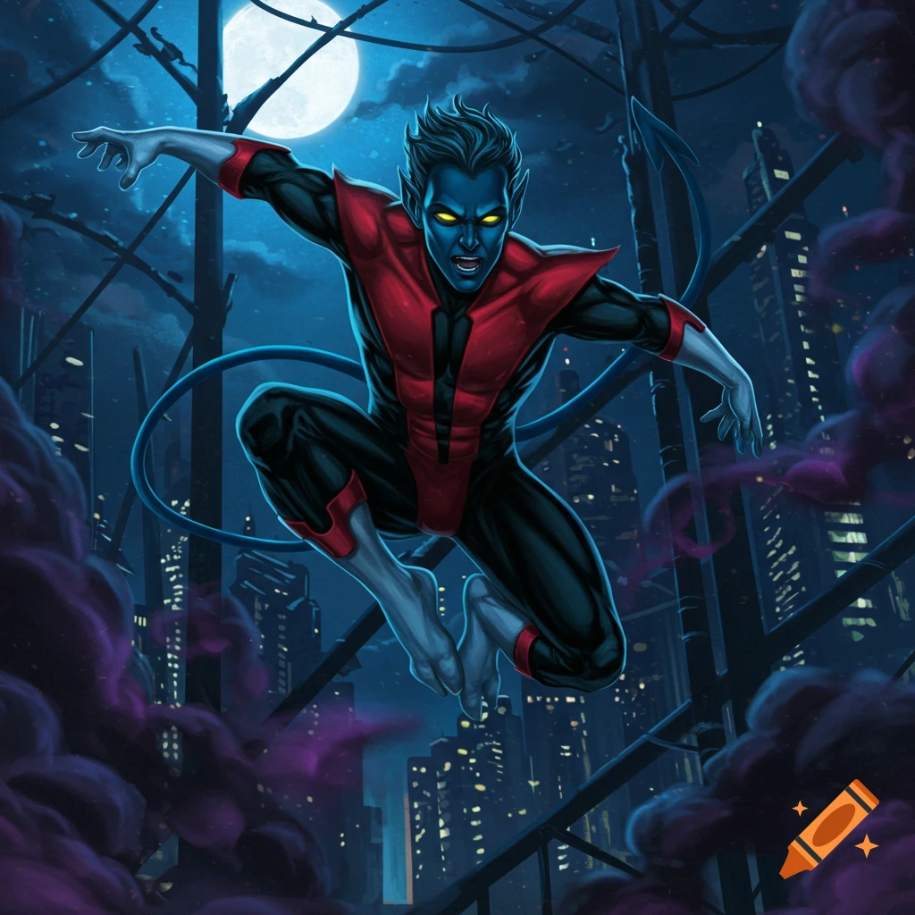 A blue-skinned superhero with a tail, Nightcrawler, leaps across city rooftops under a full moon in a comic book style.