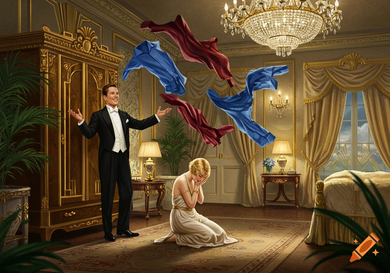 A man in a tuxedo gestures at colorful shirts floating in a luxurious room, while a woman kneels on the floor, overcome with emotion.