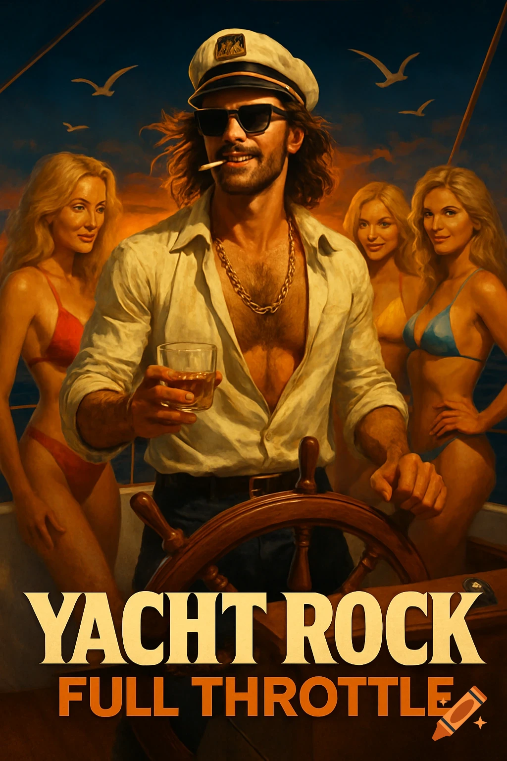 A man with long hair, sunglasses, and a captain's hat, holding a drink and steering a yacht, surrounded by three women in bikinis at sunset. Text reads 'Yacht Rock: Full Throttle'. 80s style.