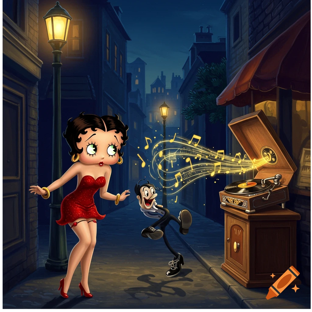 Betty Boop in a red dress watches a small cartoon man dance to music from a gramophone in a dark alley at night. Cartoon art.