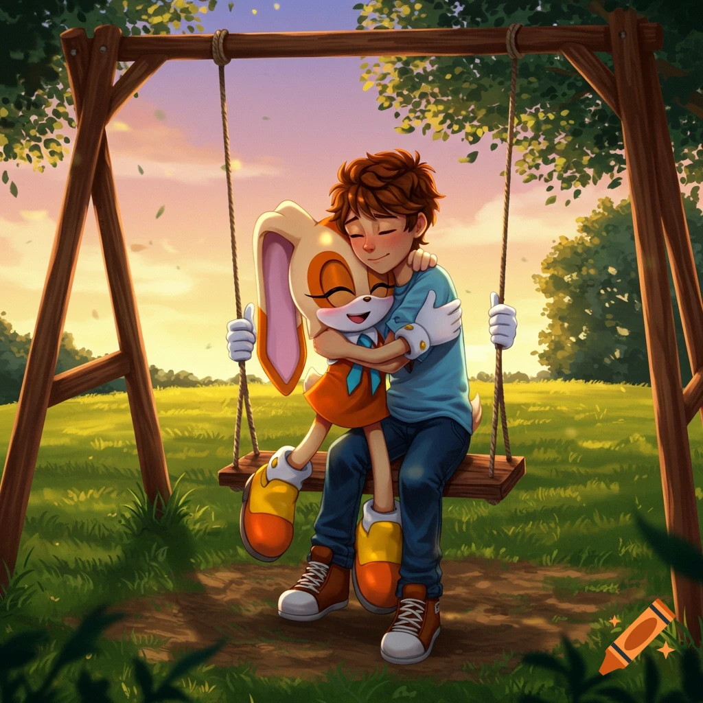 Cream the Rabbit and a brown-haired teenage boy hug on a swingset at ...