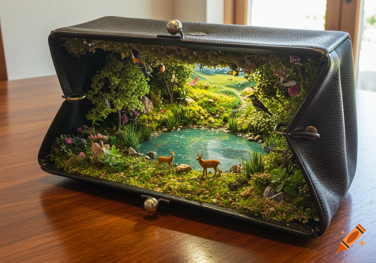 Miniature diorama of a lush countryside with a pond, deer, and birds inside an open black handbag.