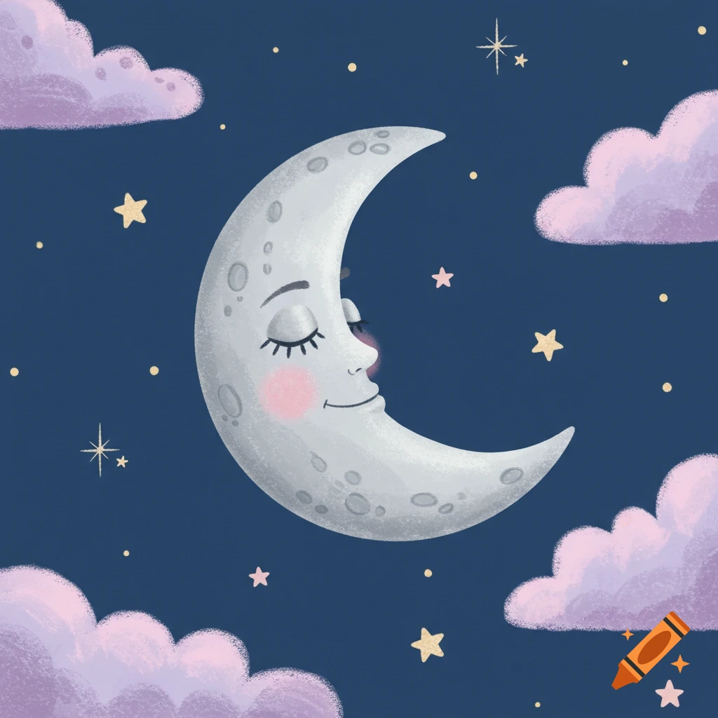 A whimsical children's illustration of a friendly crescent moon with sleepy eyes in a deep blue night sky, surrounded by glowing stars and pastel clouds.
