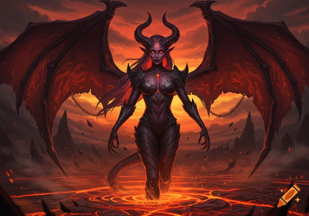 A powerful demoness with large bat-like wings, horns, glowing red eyes, and a long tail stands in a pool of fiery lava against a dramatic sky in a fantasy art style.