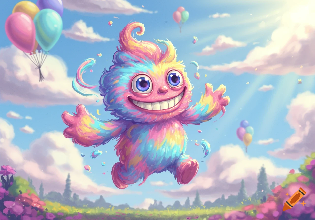 A colorful, fluffy creature with big eyes and a wide smile floats in a whimsical sky with balloons and flowers.