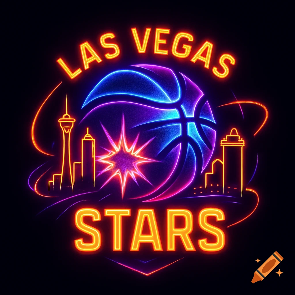 A vibrant neon logo for the Las Vegas Stars basketball team, featuring a glowing basketball, city skyline, and a starburst.