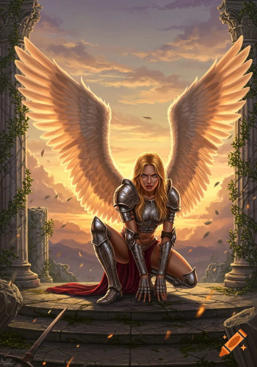 A blonde female angel warrior in ornate armor crouches among ancient ruins at sunset, her large wings spread.