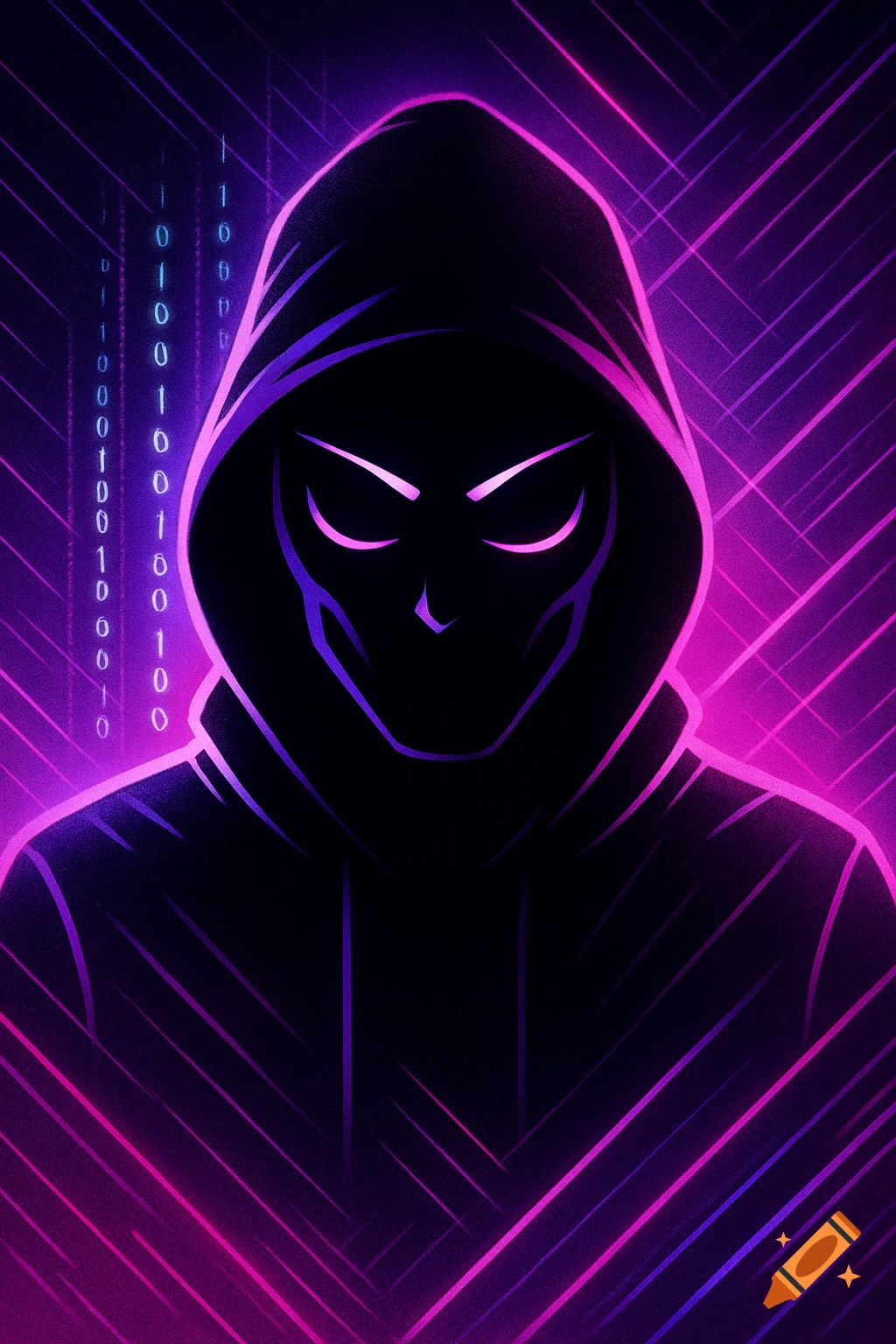 A hooded figure with glowing purple eyes against a background of binary code and neon lines in a cyberpunk style.