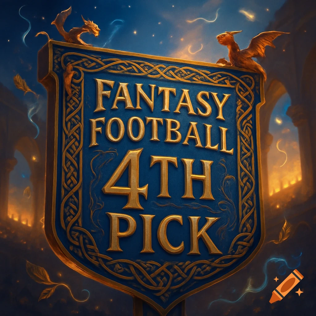 A blue fantasy-style shield with golden Celtic knot borders and two small dragons, displaying the text "FANTASY FOOTBALL 4TH PICK" in gold lettering.