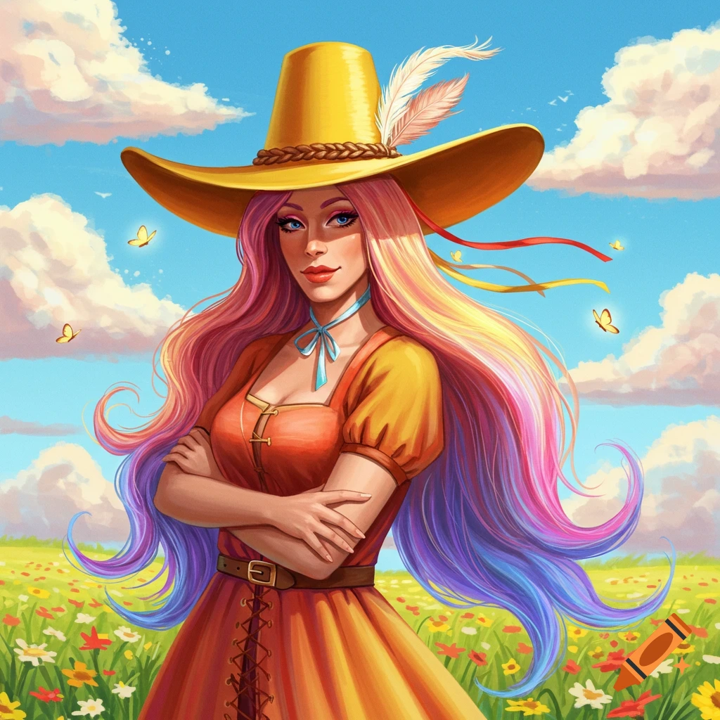 A stylized portrait of a woman with long rainbow-colored hair, wearing a yellow wide-brimmed hat with feathers and an orange dress, standing in a field of wildflowers under a bright blue sky.