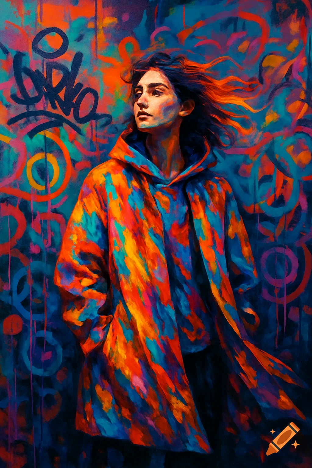 Person in a vibrant, colorful abstract coat standing against a graffiti background, painterly style.