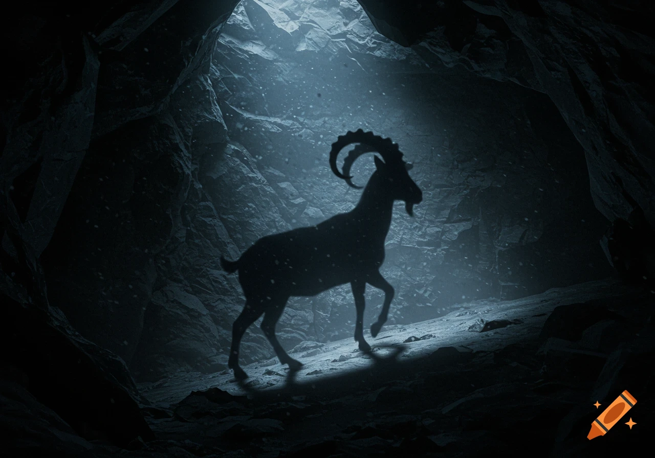 A silhouette of a goat walks through a dark, rocky cave, illuminated by a dramatic light beam from above, casting dust motes.