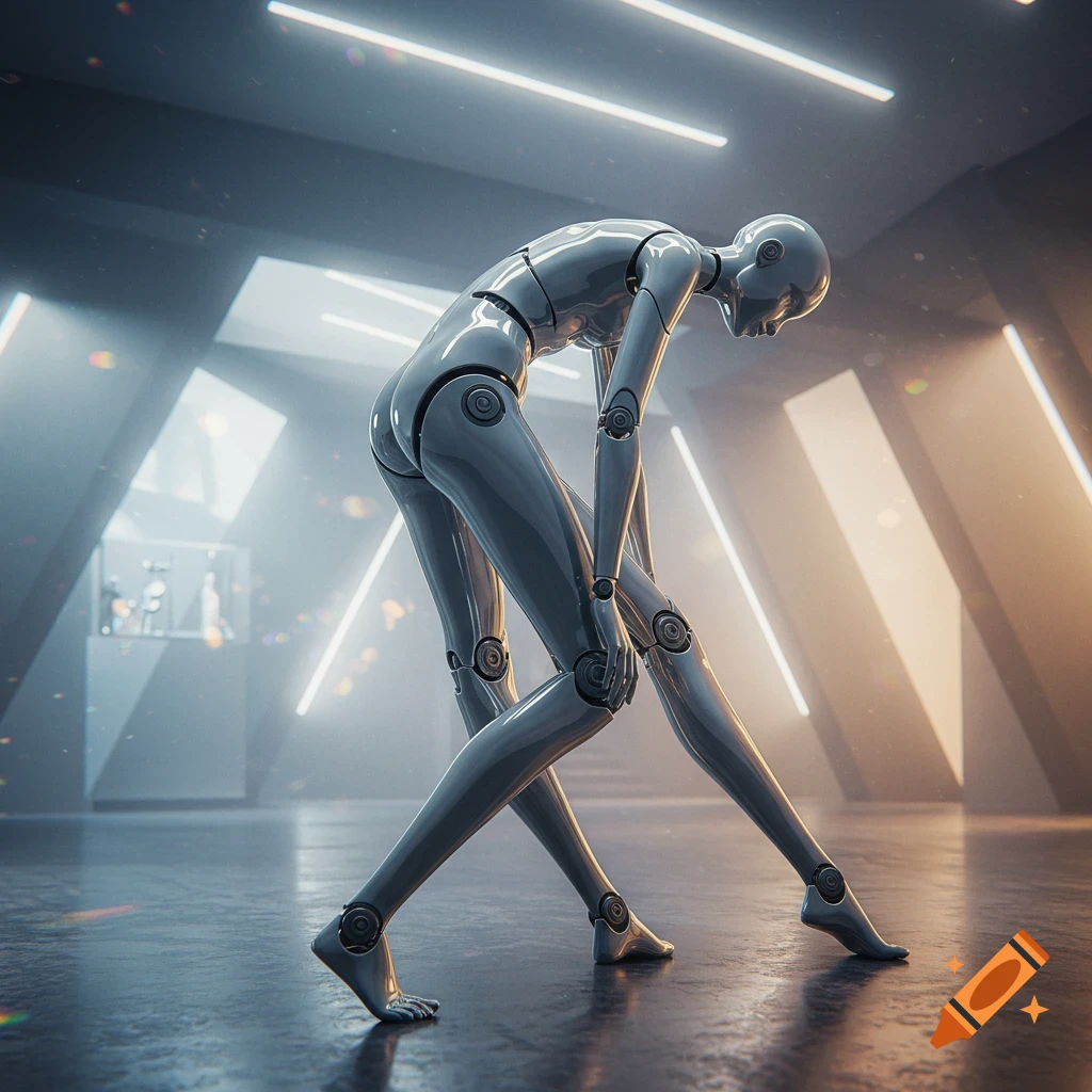 A glossy grey robot mannequin bends in a dynamic pose within a sleek, futuristic room with bright linear lights.
