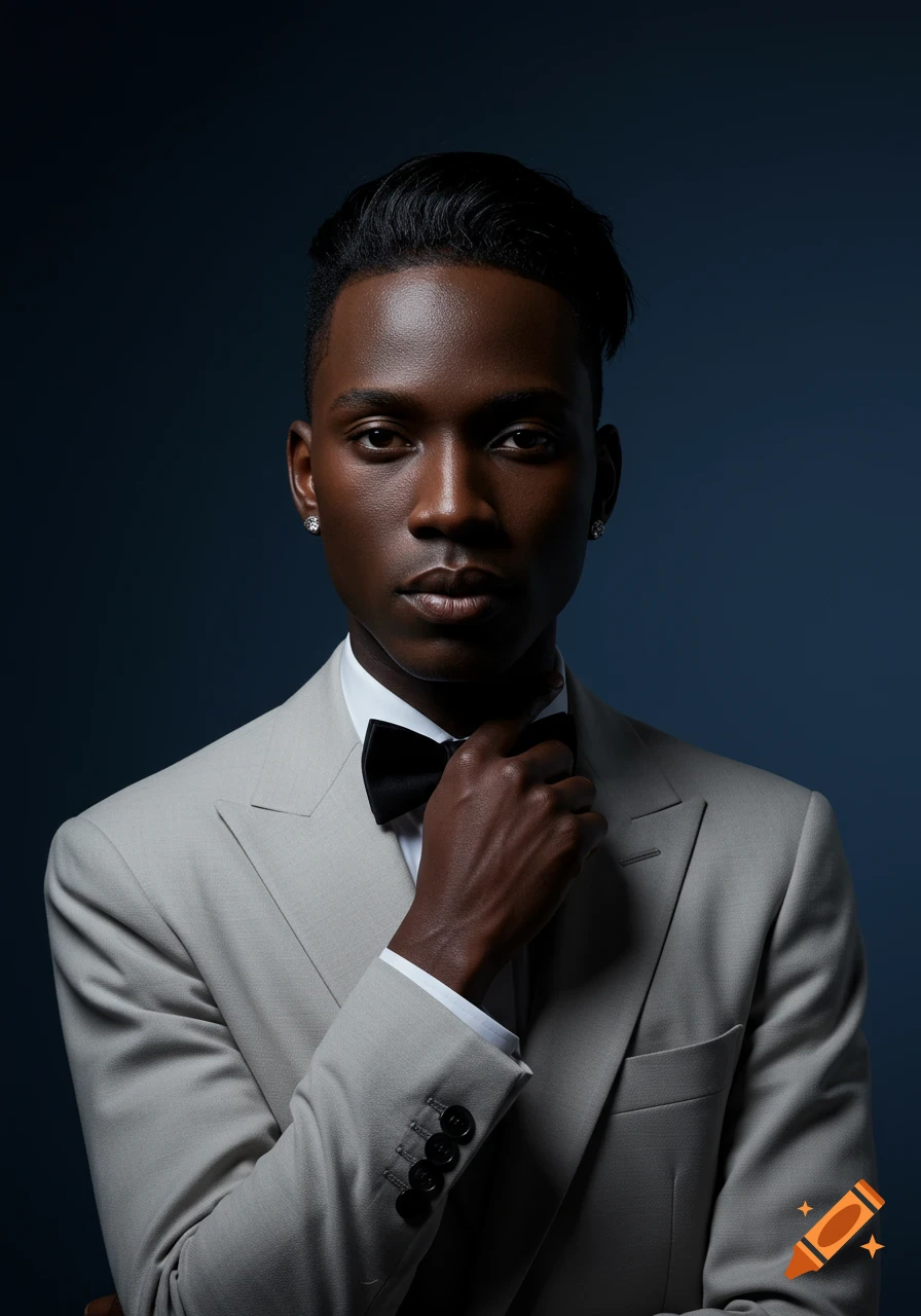 A close-up, photorealistic portrait of a stylish man with dark skin wearing a light grey suit and black bow tie, adjusting his tie.