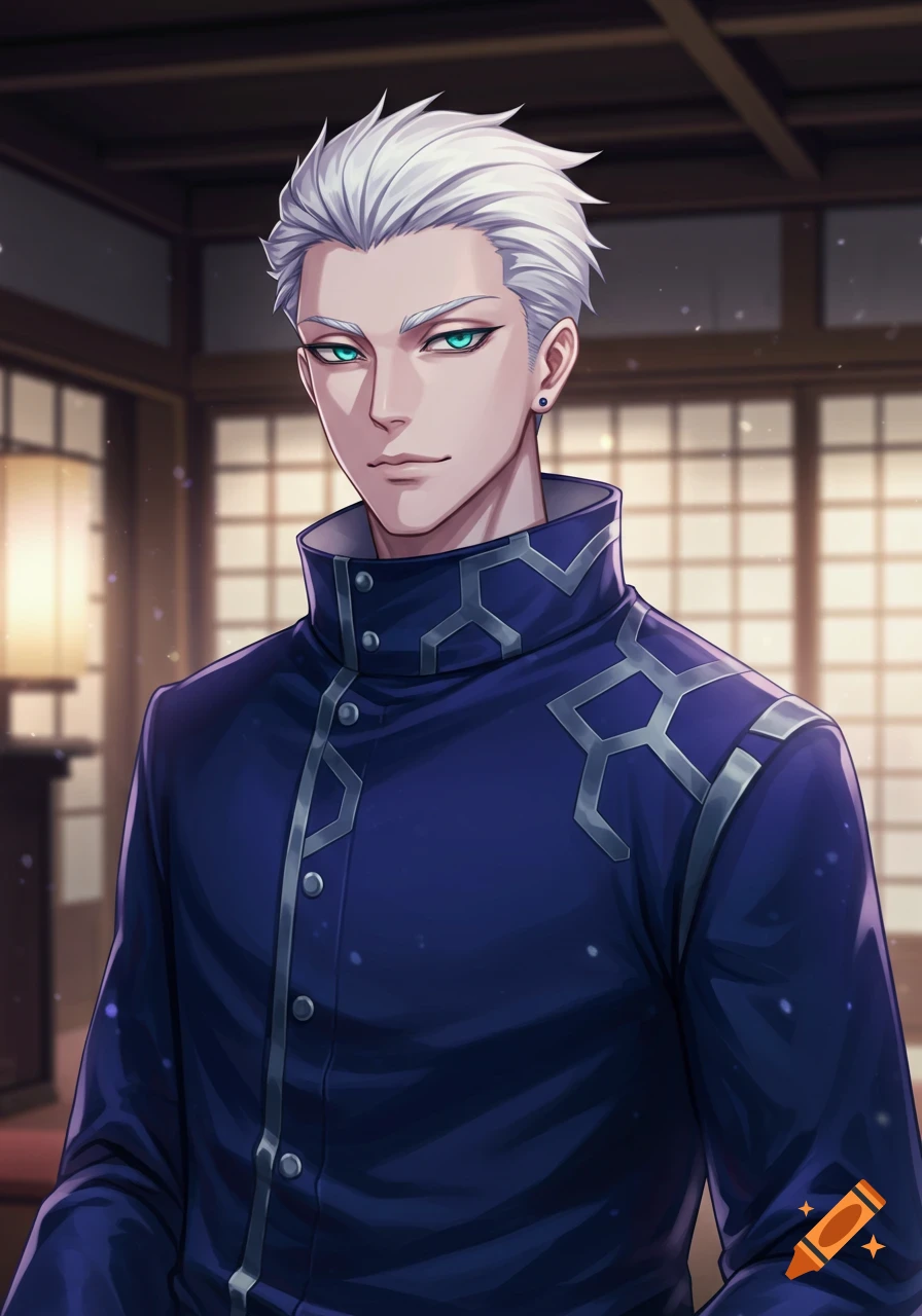 An anime portrait of a young man with spiky white hair and piercing teal eyes, wearing a dark blue uniform.
