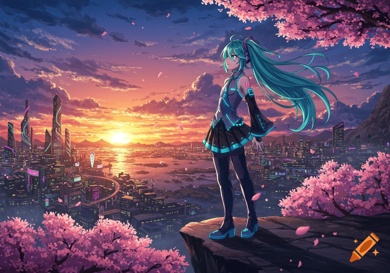 Anime girl with teal pigtails on a cliff overlooking a futuristic city at sunset, surrounded by pink cherry blossoms.