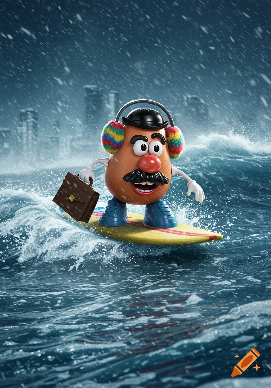 Mr. Potato Head in a bowler hat and earmuffs surfs on a yellow board through snowy ocean waves with a city skyline in the background, holding a briefcase.