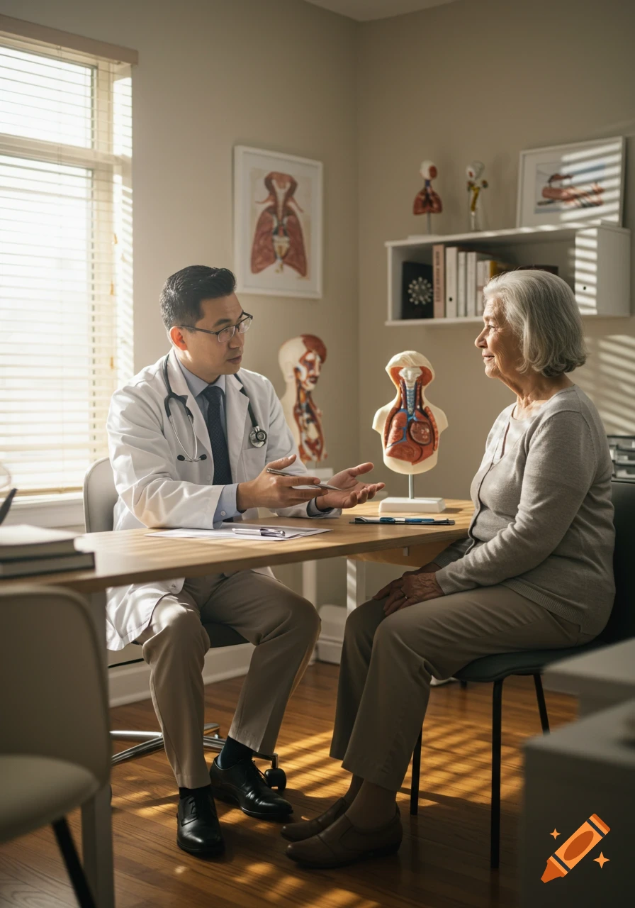 A male doctor in a white coat talks to an elderly female patient across a desk in a medical office. Photorealistic style.
