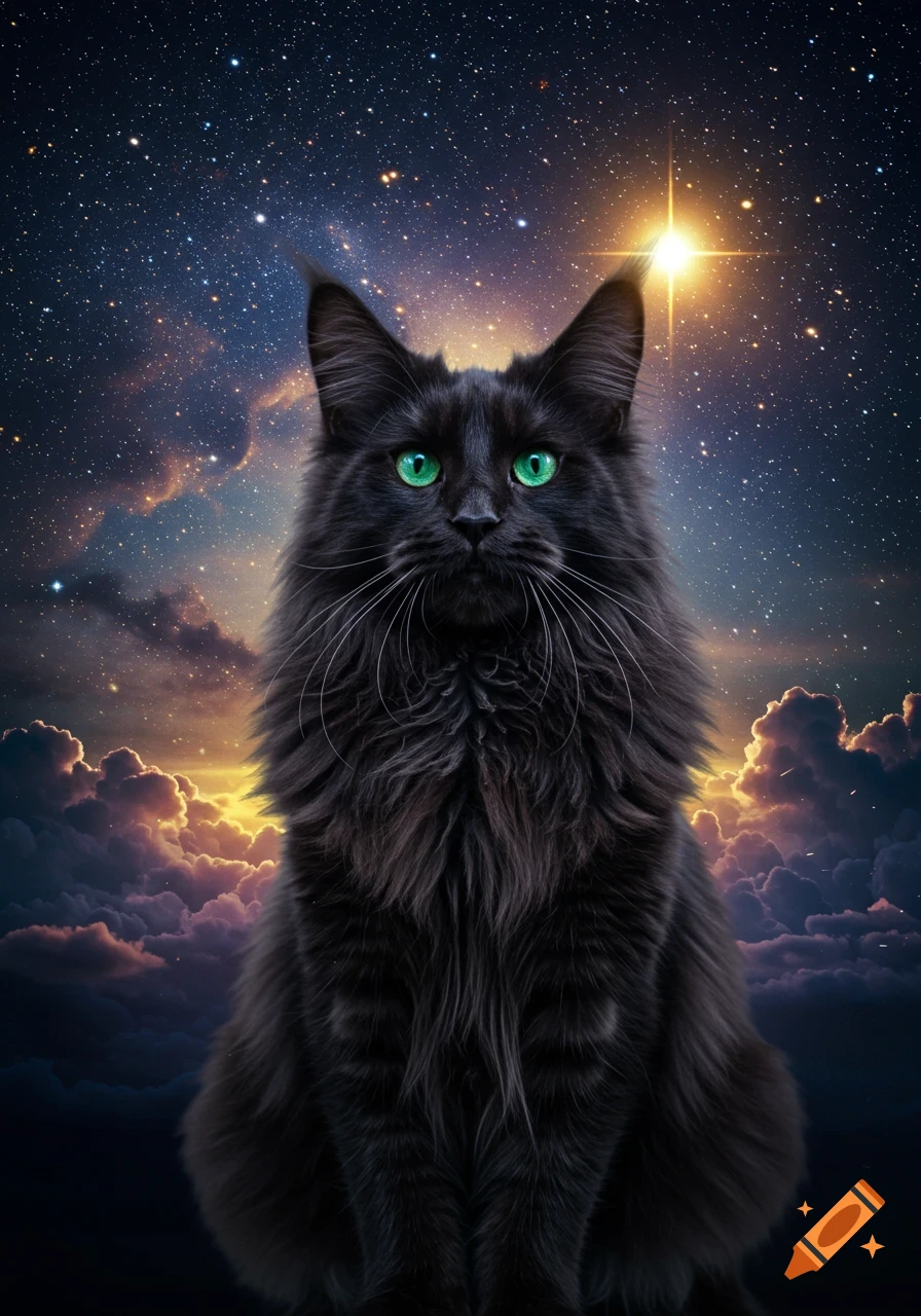 A black Maine Coon cat with bright green eyes looks forward against a starry night sky with glowing clouds and a bright star.