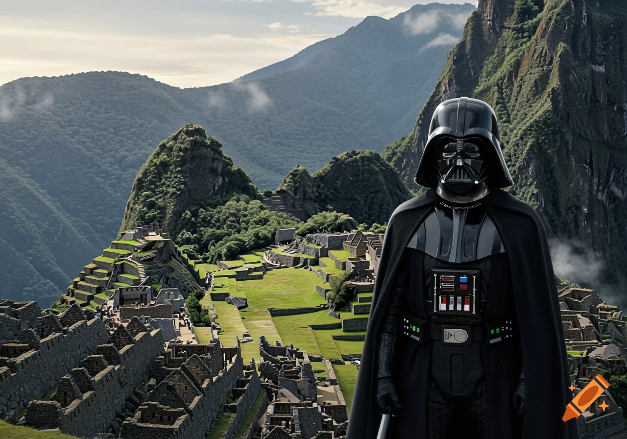 Darth Vader stands prominently in front of the ancient Inca citadel of Machu Picchu, surrounded by lush green mountains.