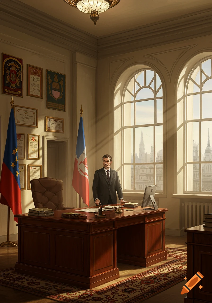 A man in a suit stands behind a large wooden desk in a grand office with arched windows, flags, and framed documents.