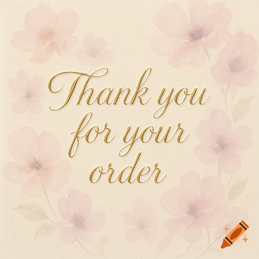 A cream-colored card with gold script text 'Thank you for your order' surrounded by soft pink watercolor flowers.