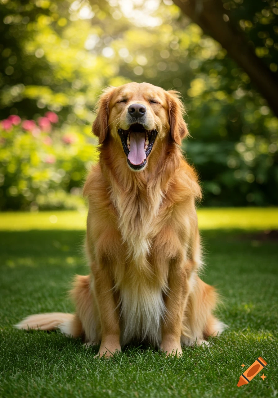 A golden retriever dog sits on green grass, yawning widely with eyes closed in a sunny garden.
