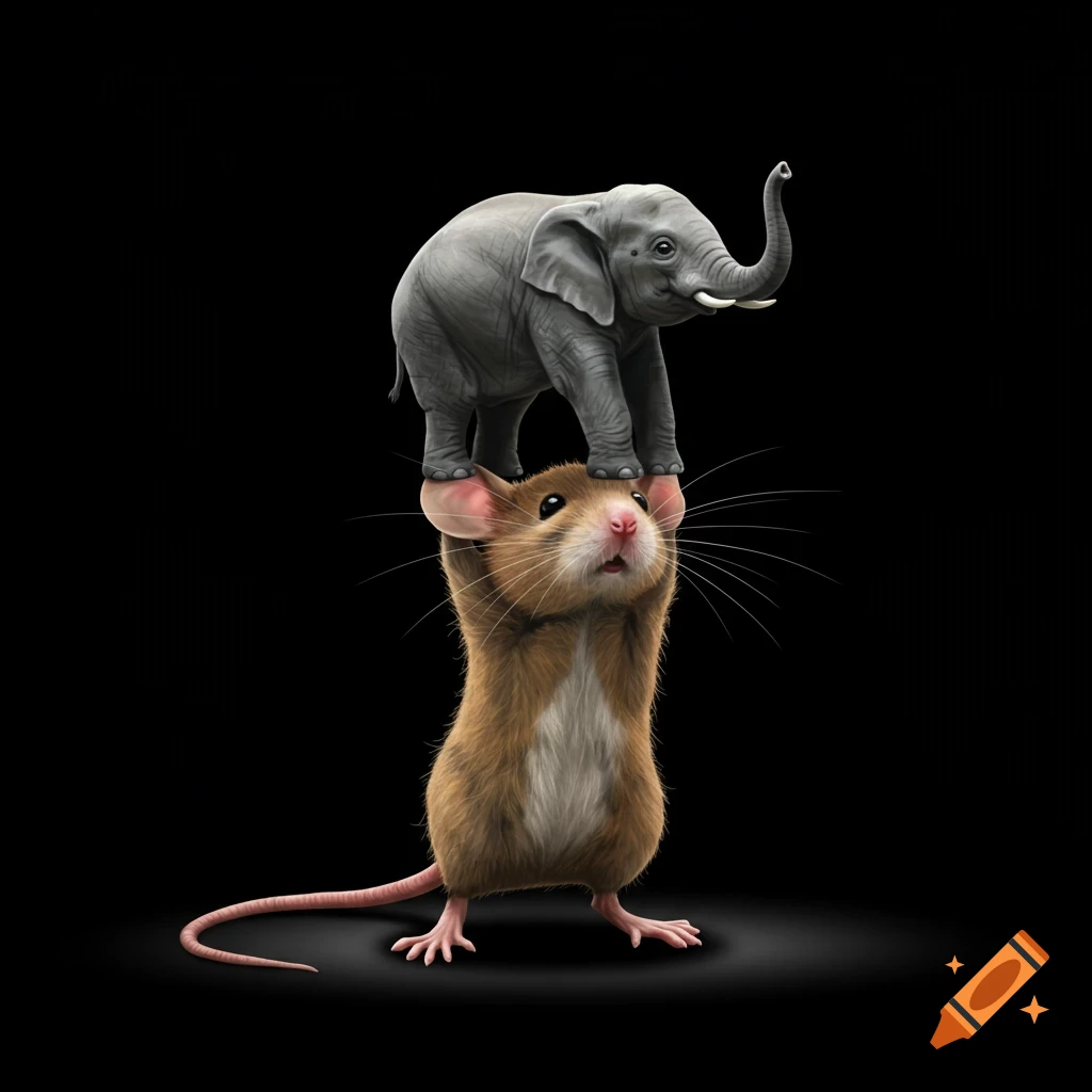 A tiny brown mouse lifts a large gray elephant over its head on a black background.