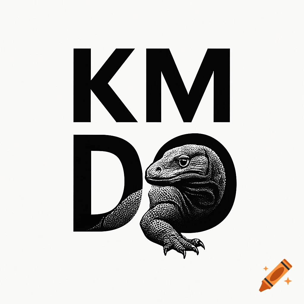 Black and white logo with 'KM' above 'DO' and a detailed Komodo dragon inside the 'O'.