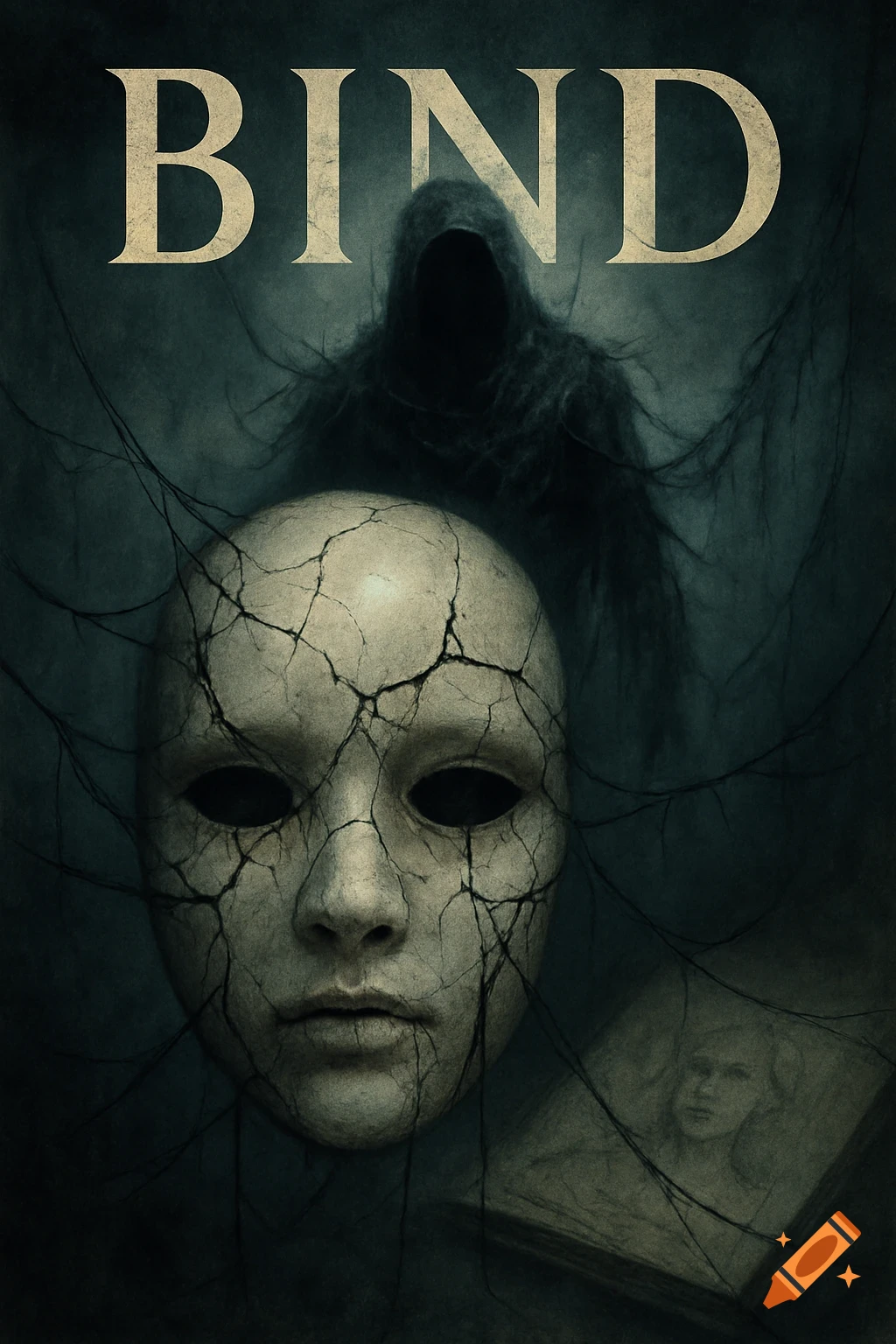 A dark gothic horror book cover featuring a cracked porcelain mask with empty eyes, a shadowy hooded figure, and the title BIND at the top.