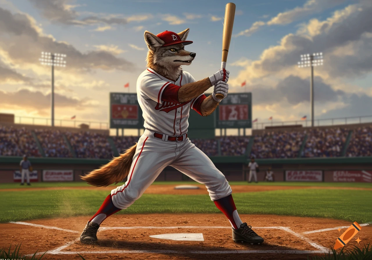 A fierce anthropomorphic coyote in a red and white baseball uniform holds a bat on a baseball field during sunset.
