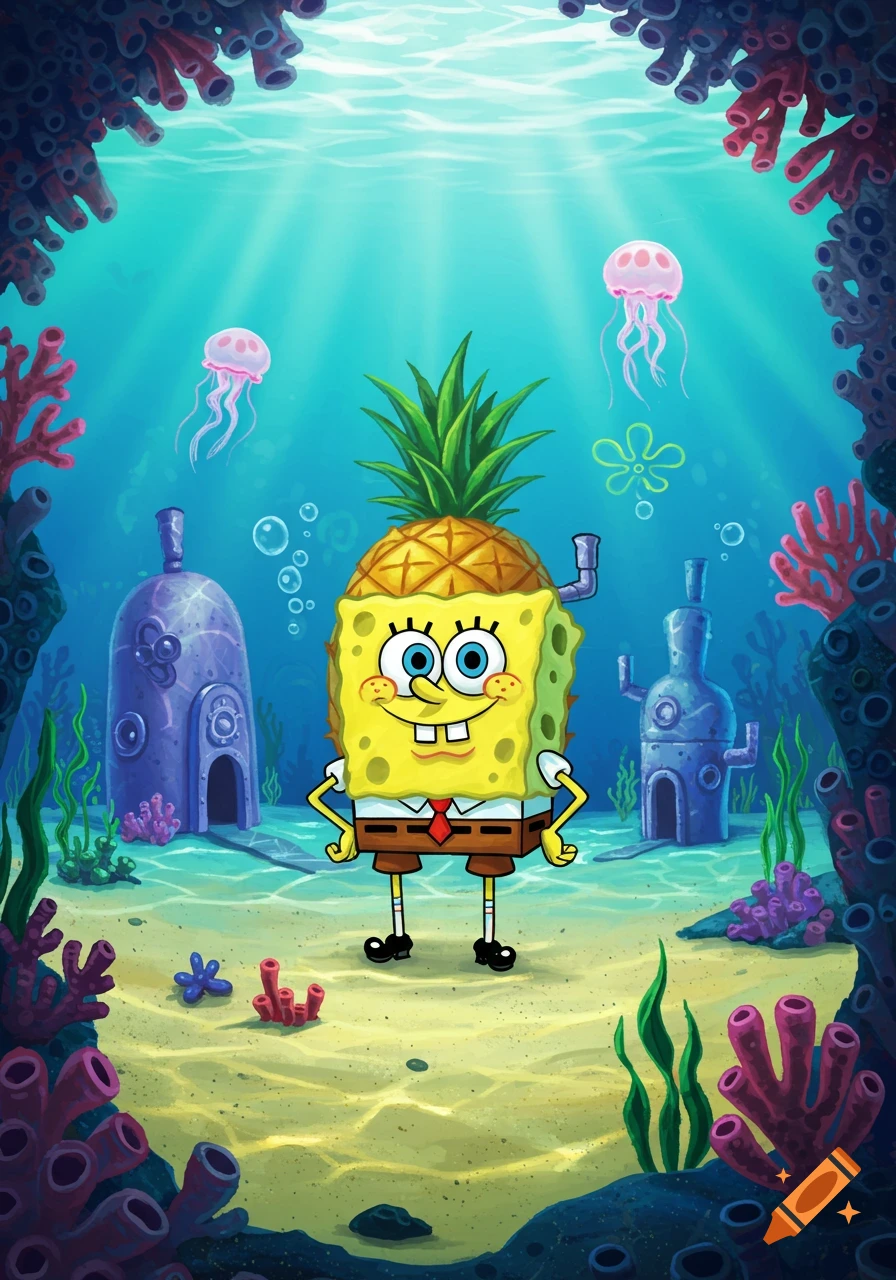 SpongeBob SquarePants with a pineapple head stands in a vibrant underwater scene with coral, jellyfish, and houses.