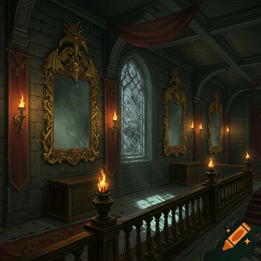 A dark, gothic hallway with ornate golden mirrors, torch sconces, and a large arched window overlooking a snowy scene.