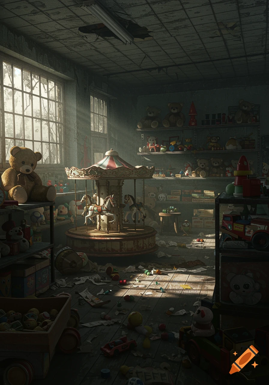 A dusty, abandoned toy room with a small carousel, teddy bears on shelves, and various toys scattered across the sunlit, debris-strewn floor.