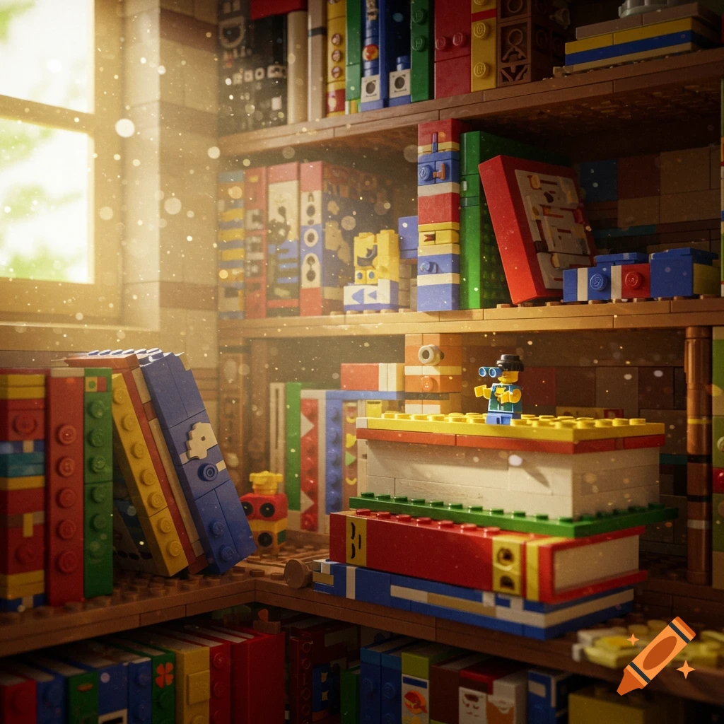 A bookshelf filled with colorful LEGO brick books, with a LEGO figure on one stack, and sunlight streaming through a window.