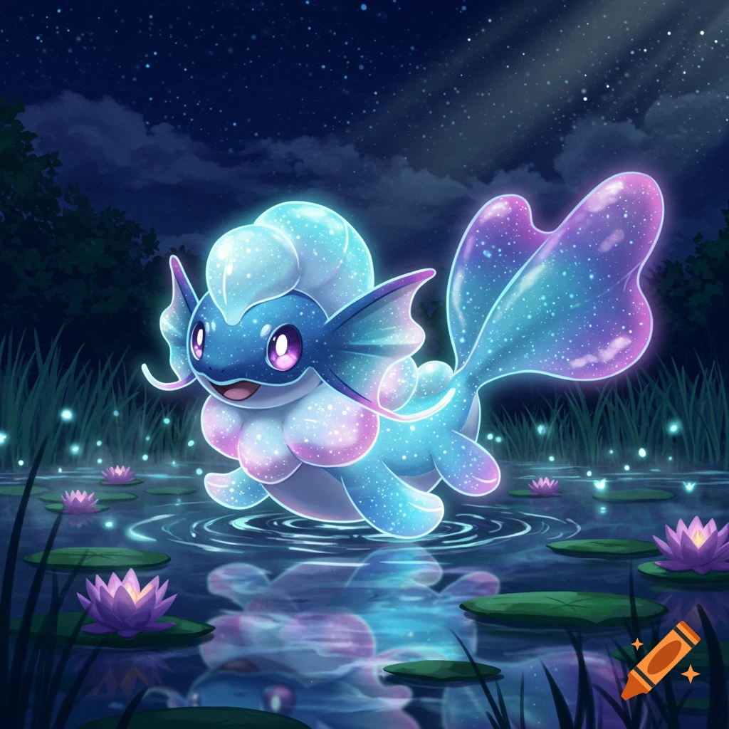 A glowing, starry blue and pink water creature with fins and a large tail sits in a moonlit pond with lily pads under a night sky.